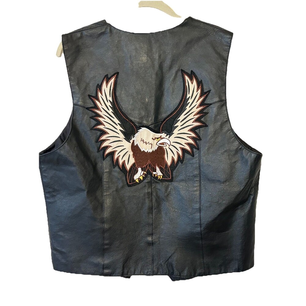 Michael Michelle Black leather Biker Vest With Eagle Embroidered Size M men